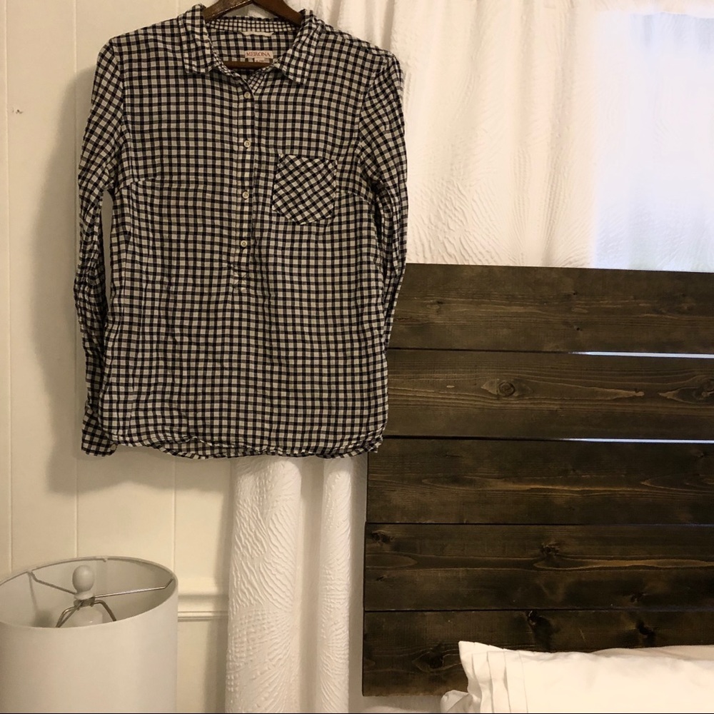 Navy and White Gingham Half Button-Up